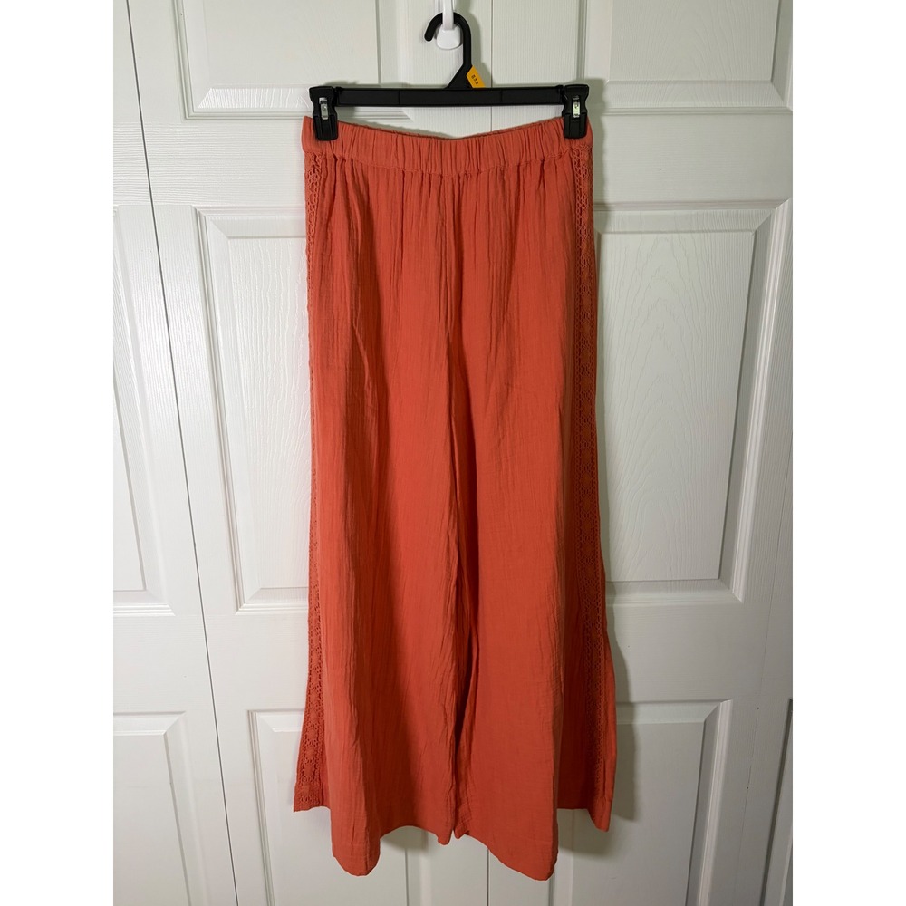 Roxy Womens Coral Orange Gauze Wide Leg Pants Crochet‎ Lace Trim Size Medium